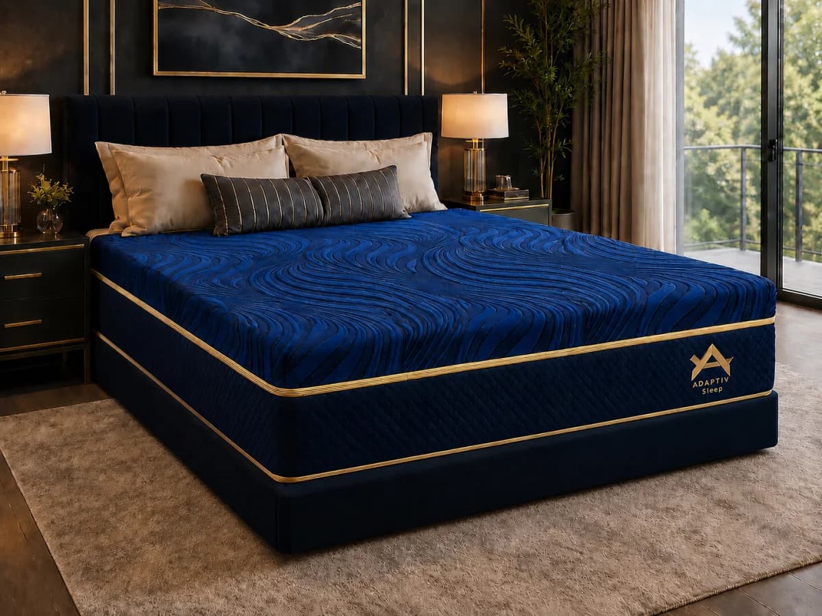 ADAPTIV Summit mattress with a deep blue cover and gold detailing in a warm, elegant bedroom